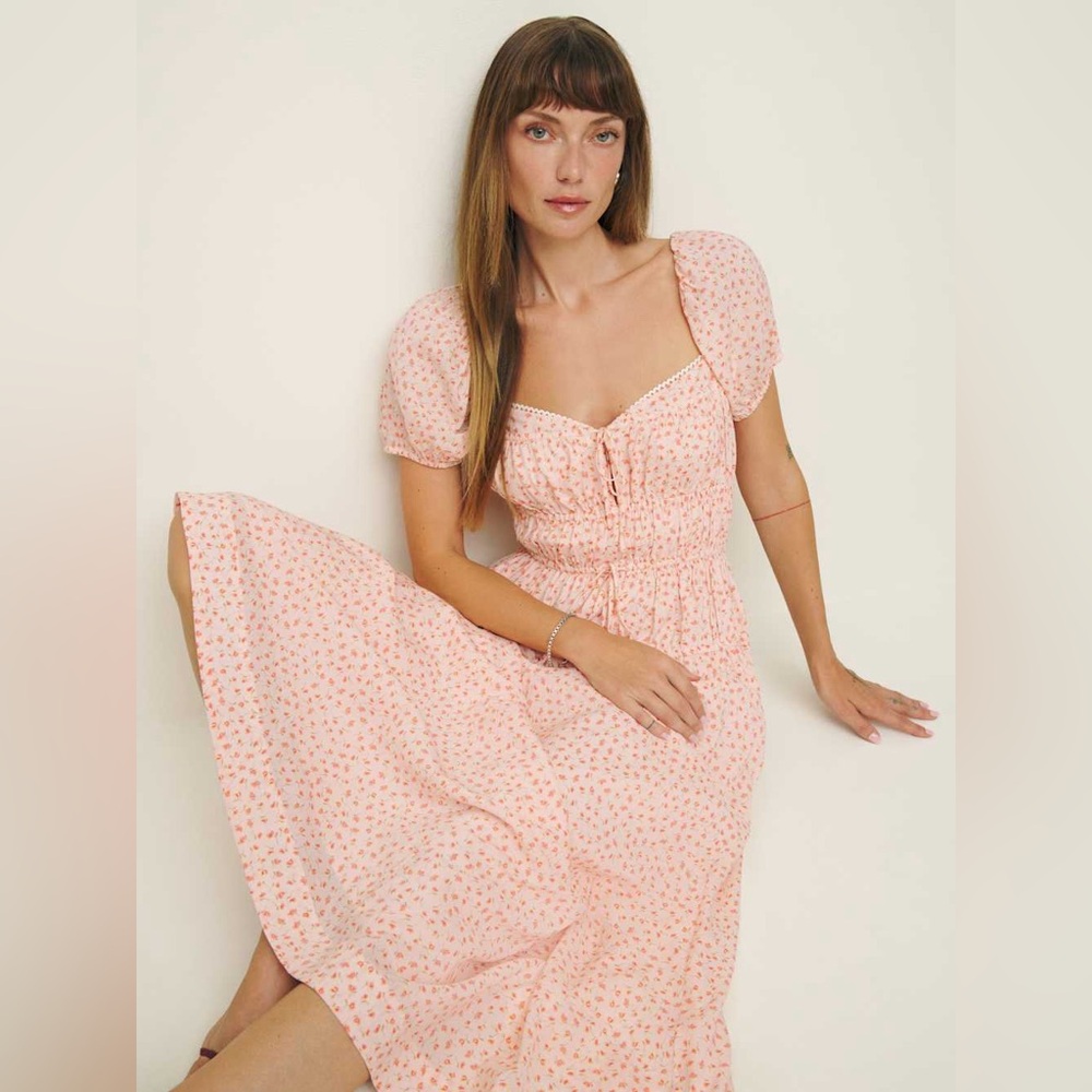 Reformation Rhett Dainty Pink Floral Fit & Flare Babydoll Maxi Dress Retro 6
